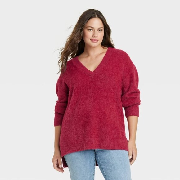 Ava & Viv Sweater Red Fuzzy V Neck Tunic Pullover Long Sleeve - Picture 1 of 11